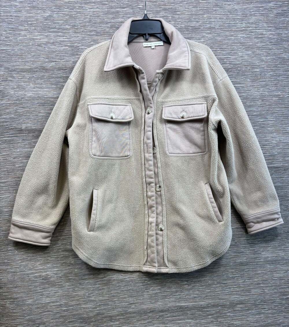 English Factory Jacket Womens Size L Beige Sherpa Fleece Button Pockets Shacket
